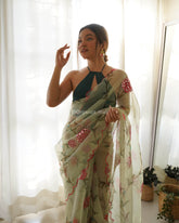 Gazing Soft Olive Green Rose Printed Pure Organza Saree
